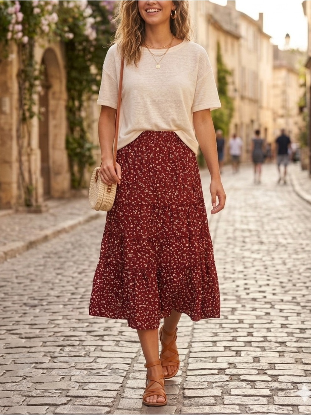Allegra K Burgundy Floral Tiered Maxi Skirt
